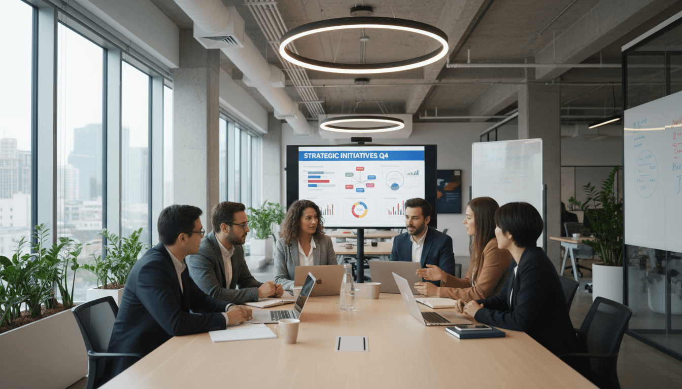 Group of diverse professionals collaborating in a bright modern office environment