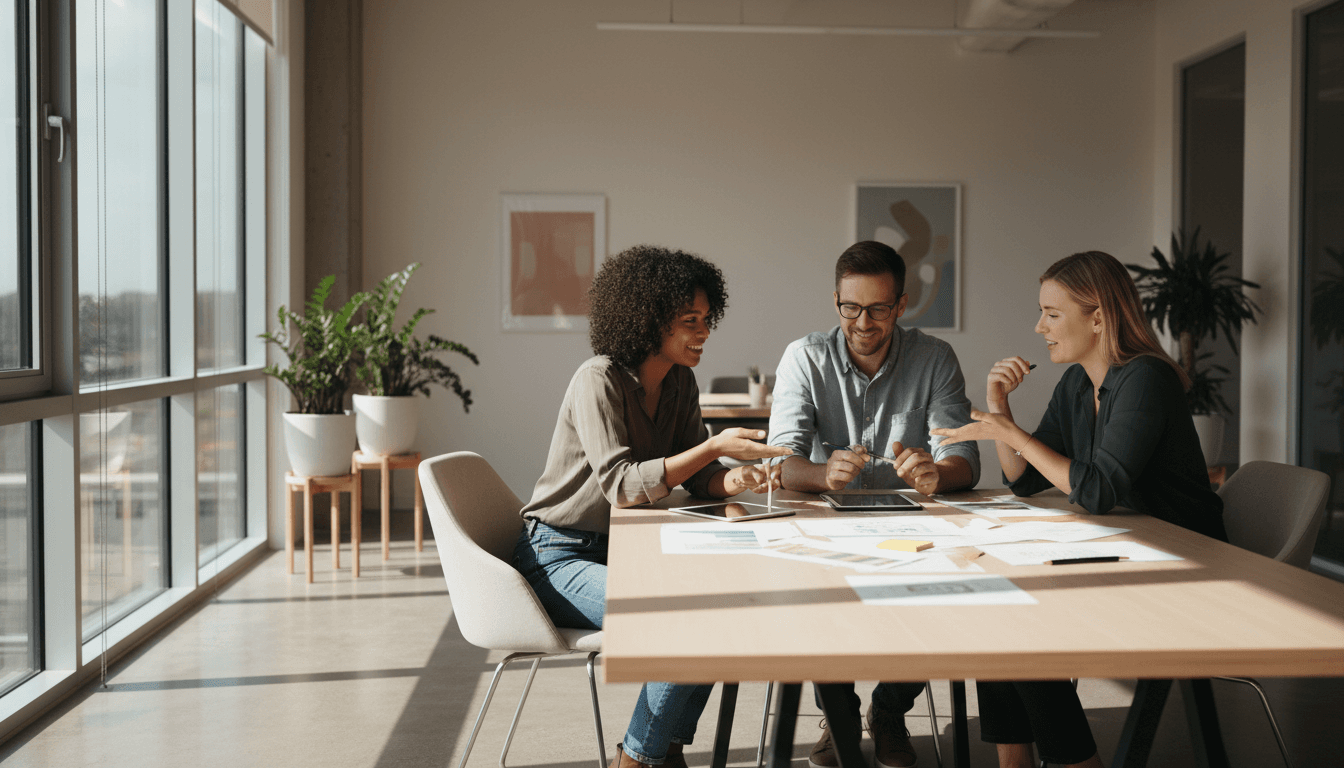 Diverse professionals working together in a bright, modern office environment